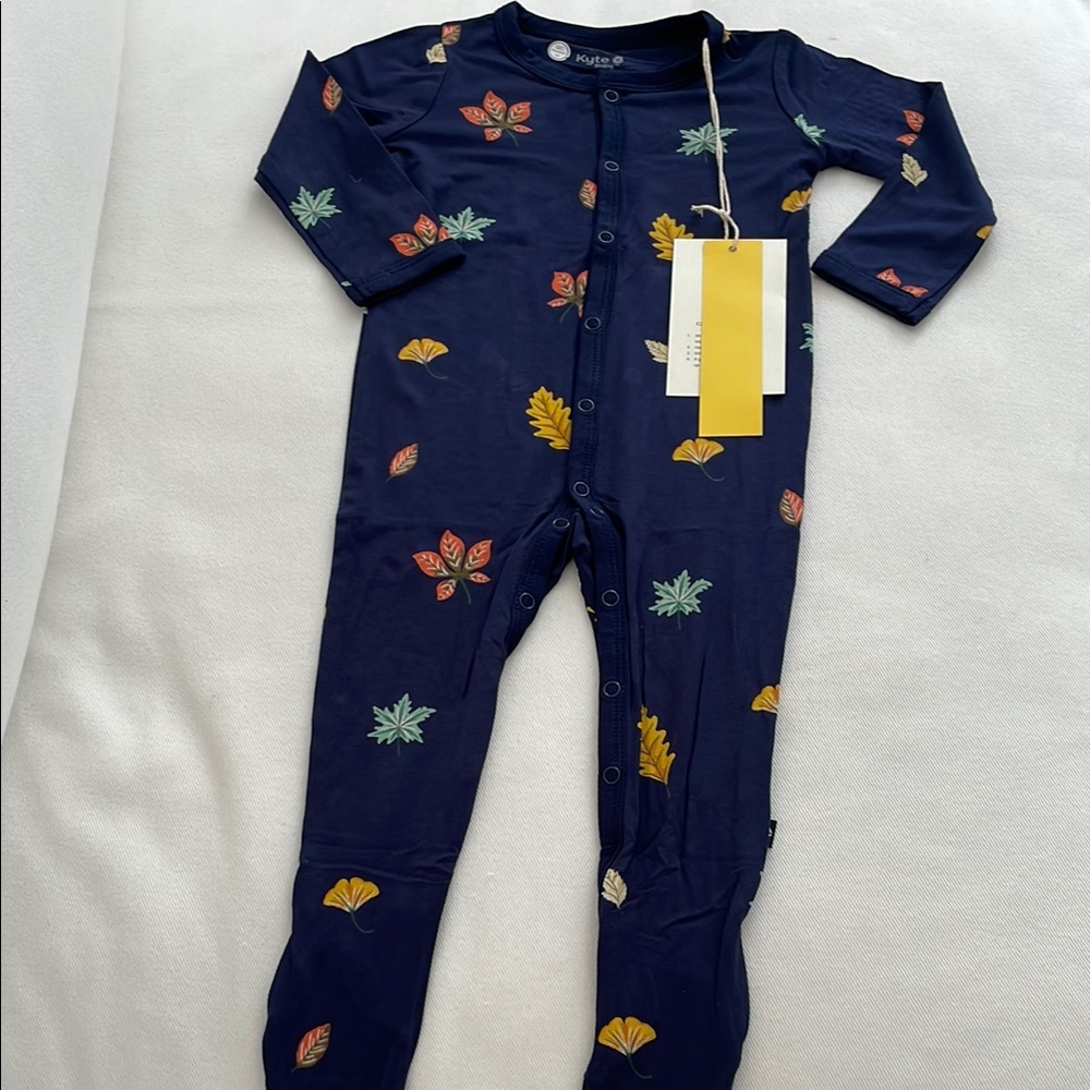 Kyte BABY Blue Footies with Autumn Leaf Print 6-12 Month